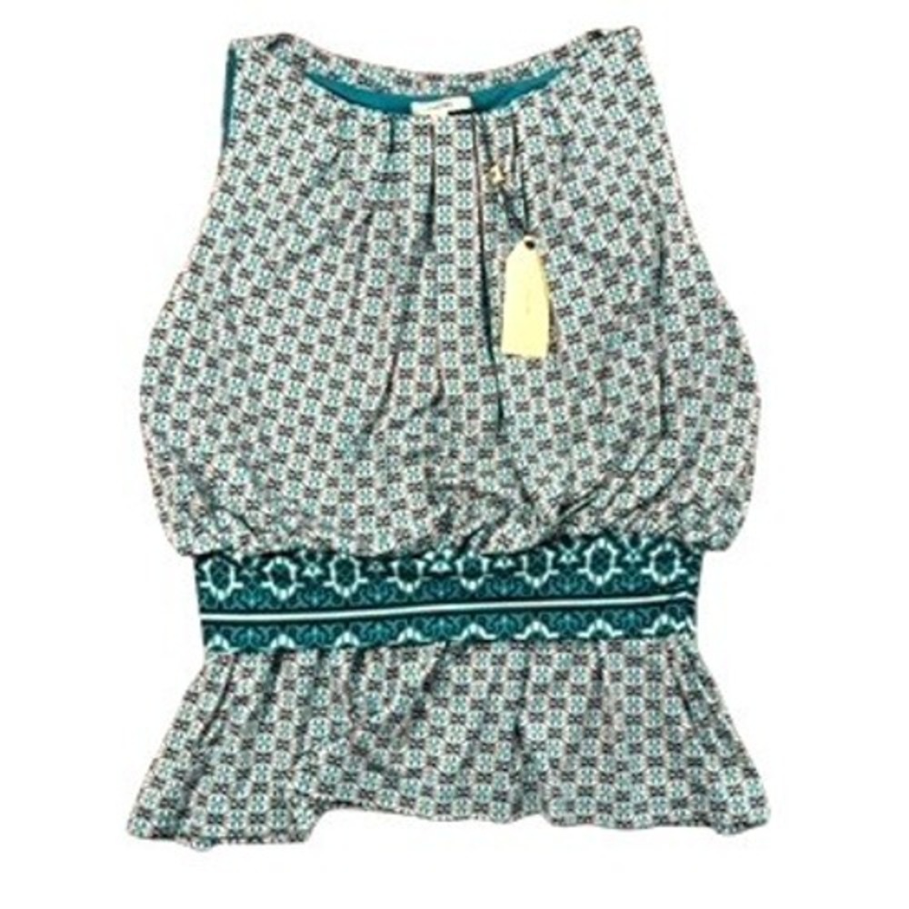 NEW Sophie Max XL Teal White Medallion Geometric Pleated Peplum Top Boho Beach‎